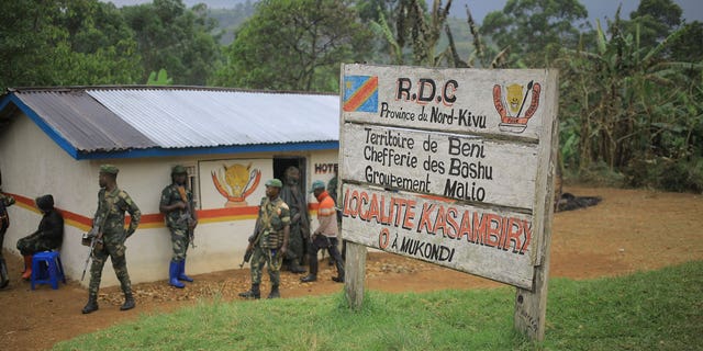 Democratic Republic of Congo Defence Forces gather in the North Kivu province village of Mukondi, on March 9, 2023.
