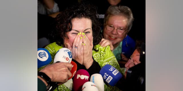 BBB leader Caroline van der Plas speaks while following results during an election evening event after voting in the Netherlands' Provincial Council elections in Bathmen on March 15, 2023.