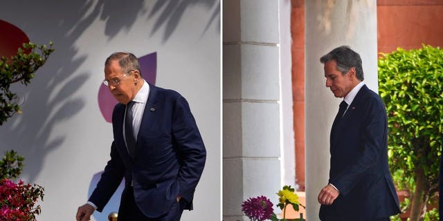 This combination of photos shows U.S. Secretary of State Antony Blinken, right, and Russian Foreign Minister Sergey Lavrov, left, walk to attend second session of the G20 foreign ministers' meeting, respectively, in New Delhi Thursday, March 2, 2023. 