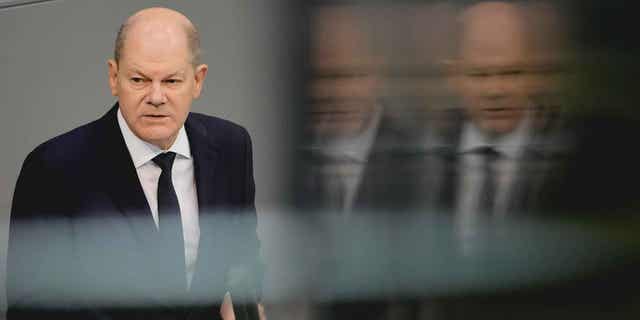 German Chancellor Olaf Scholz delivers his speech at the country's parliament in Berlin, Germany, on March 2, 2023. Scholz urged China to refrain from sending weapons to Russia.