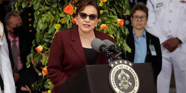 Honduras' President Xiomara Castro addresses the crowd at a military ceremony after mobilizing thousands of police officers to areas controlled by criminal groups, in Tegucigalpa, Honduras, on Dec. 9, 2022. Xiomara announced that the country is lifting the ban on the "morning after pill" on Wednesday.