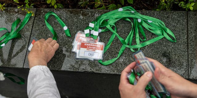 Protesters in Hong Kong's event were required to wear numbered badges around their necks.