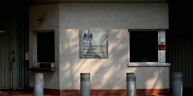 A deserted entrance to the British High Commission in New Delhi is pictured on March 22, 2023. Supporters of the Khalistan movement for an independent Sikh state pulled down the Indian flag at the country’s high commission in London in a protest against the move to arrest separatist leader Amritpal Singh. India’s police have been searching for Singh since Saturday.