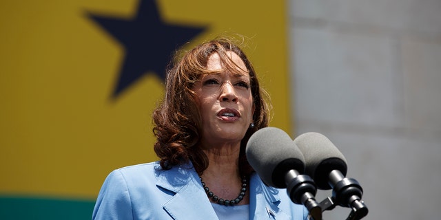 U.S. Vice President Kamala Harris addresses youth gathered on Black Star square in Accra, Ghana, Tuesday, March 28, 2023. 