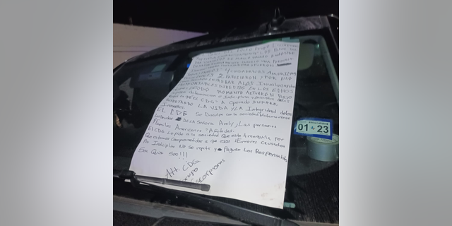 Note allegedly left by the Gulf Cartel for Mexican authorities apologizing for the actions of some members it claimed were responsible for the kidnap and murder of Americans last week. 