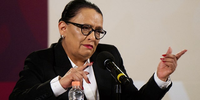 Secretary of Security and Citizen Protection Rosa Icela Rodriguez spoke of the deaths of 39 migrants in a fire during a press conference at the National Palace in Mexico City on March 29, 2023.
