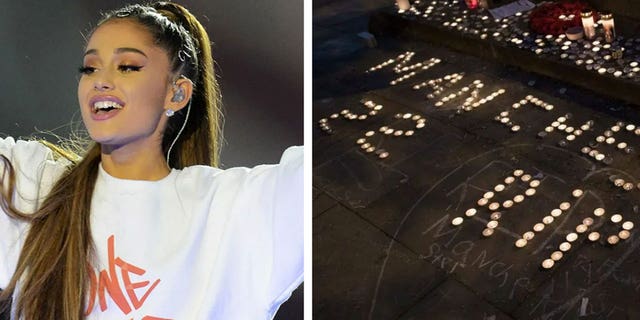 On the left, Ariana Grande is performing for "One Love Manchester" on June 4, 2017. On the right, a candle vigil set up after a bombing in Manchester, England on May 29, 2017.