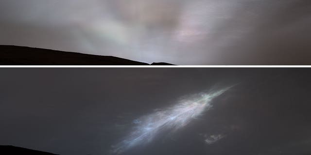 The Mars Curiosity rover sent back images of clouds in color, with the top image including sun rays and the bottom including a feather-shaped iridescent cloud.