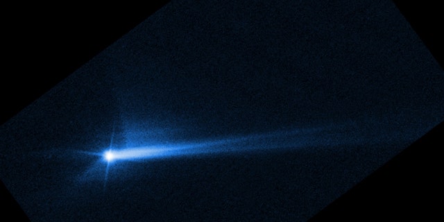 This imagery from NASA’s Hubble Space Telescope from Oct. 8, 2022, shows the debris blasted from the surface of Dimorphos 285 hours after the asteroid was intentionally impacted by NASA’s DART spacecraft on Sept. 26.