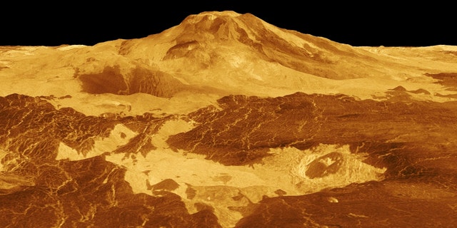 Maat Mons is displayed in this computer generated three-dimensional perspective of the surface of Venus. Lava flows extend for hundreds of kilometers across the fractured plains shown in the foreground, to the base of Maat Mons.