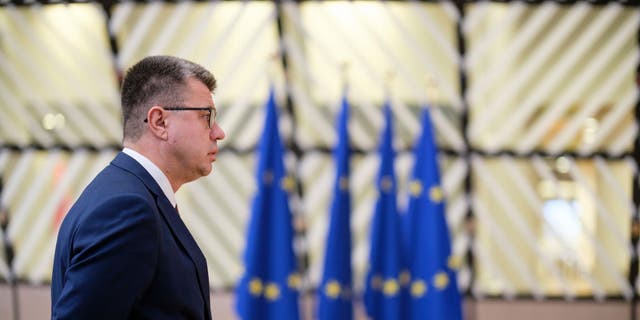 Estonian Minister of Foreign Affairs Urmas Reinsalu talks to the media on Jan. 23, 2023, in Brussels.