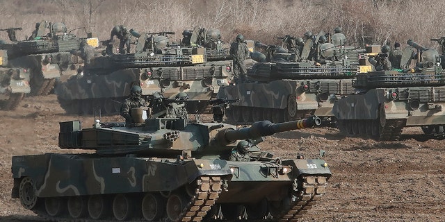 A South Korean army's K1A2 tank moves during a military drill with U.S. forces.