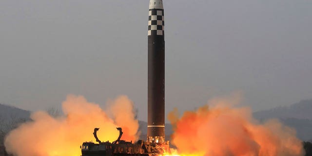 This photo distributed by the North Korean government shows what it says is a test-fire of a Hwasong-17 intercontinental ballistic missile (ICBM), at an undisclosed location in North Korea on March 24, 2022. Independent journalists were not given access to cover the event depicted in this image distributed by the North Korean government. The content of this image is as provided and cannot be independently verified. Korean language watermark on image as provided by source reads: "KCNA" which is the abbreviation for Korean Central News Agency. 