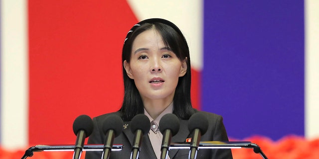 This photo provided by the North Korean government, Kim Yo Jong, sister of North Korean leader Kim Jong Un, delivers a speech during a national meeting against the coronavirus, in Pyongyang, North Korea, Aug. 10, 2022. Kim threatened "quick, overwhelming action" in response to a joint military exercise between the U.S. and South Korea on Tuesday.