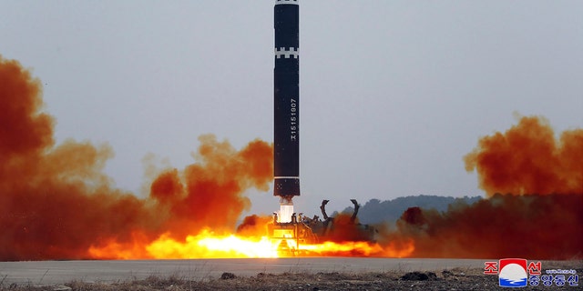 A test launch of a Hwasong-15 intercontinental ballistic missile at Pyongyang International Airport in Pyongyang, North Korea Saturday, Feb. 18, 2023. (Korean Central News Agency/Korea News Service via AP)