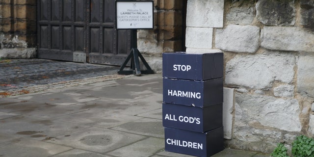 Boxes of petitions protesting the Church of England's transgender guidance for schools were dropped off Dec. 12, 2022, at Lambeth Palace, the London headquarters of the Archbishop of Canterbury Justin Welby.