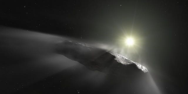 An artist&amp;#039;s illustration of the interstellar object &amp;#039;Oumuamua, which appears to be outgassing material. Scientists now suspect it is a comet after all, and not an asteroid.