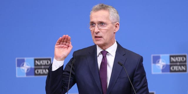 NATO Secretary-General Jens Stoltenberg speaks at a press conference at NATO Headquarters in Brussels on March 21, 2023.