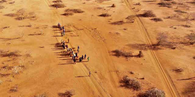 People arrive at a displacement camp on the outskirts of Dollow, Somalia, on Sept. 21, 2022, amid a drought. 