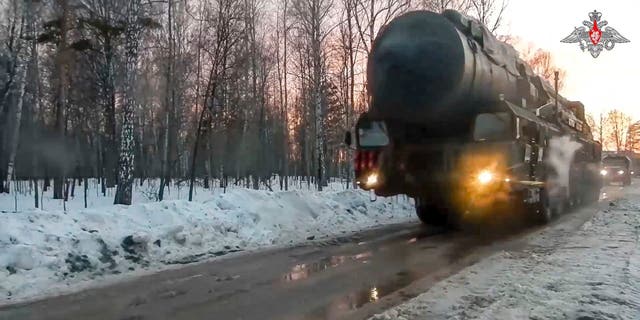 This photo made from video provided by the Russian Defense Ministry Press Service on Wednesday, March 29, 2023, shows a Yars missile launcher of the Russian armed forces being driven in an undisclosed location in Russia.