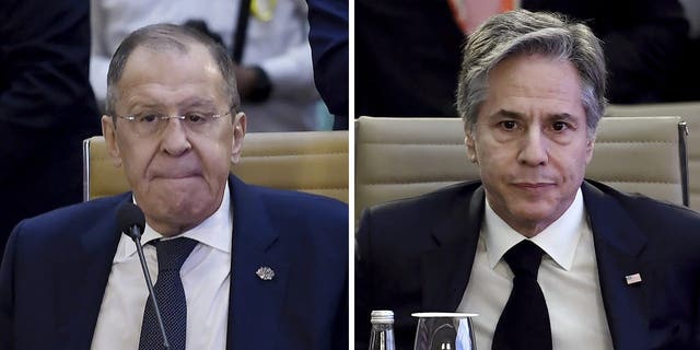 This combination of photos shows Secretary of State Antony Blinken, right, and Russian Foreign Minister Sergey Lavrov, left, attend the G-20 foreign ministers' meeting, respectively, in New Delhi Thursday, March 2, 2023.