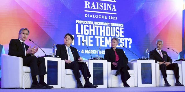 From left to right, Secretary of State Antony Blinken, Japanese Foreign Minister Yoshimasa Hayashi, Australian Foreign Minister Penny Wong and Indian Foreign Minister Subrahmanyam Jaishankar participate in a Quad ministers' panel at the Taj Palace Hotel in New Delhi Friday, March 3, 2023. 