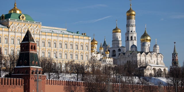 The Grand Kremlin palace, left, and the Cathedral of the Annunciation in Moscow, Russia, on Tuesday, Feb. 15, 2022. Russia announced the start of a pullback of some forces after drills that raised U.S. and European alarm about a possible military assault on Ukraine. 