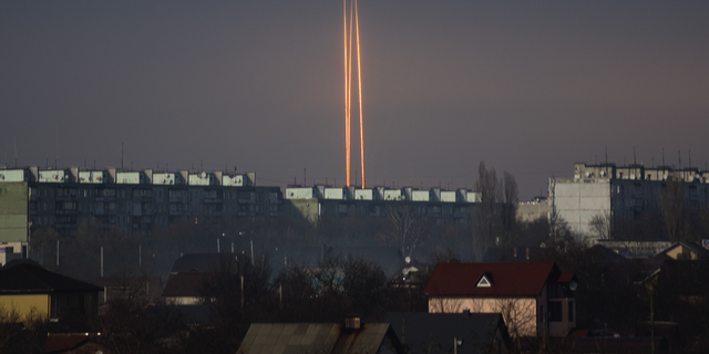 Three rockets launched against Ukraine from Russia's Belgorod region are seen in Kharkiv, Ukraine, on March 9.