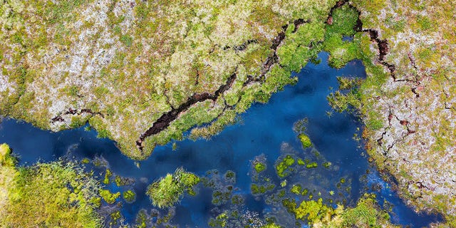 FILE: This aerial view taken on August 24, 2021, shows the pond at the Storflaket mire, an area where permafrost is studied by researchers looking into the impact of climate change near the village of Abisko, in Norrbotten County, Sweden.