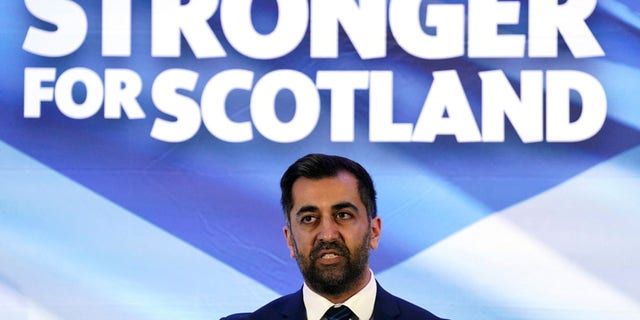 Newly elected Scottish National Party leader Humza Yousaf speaks after being announced new SNP leader, at Murrayfield Stadium, in Edinburgh, Scotland, Monday, March 27, 2023.