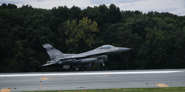 FILE PHOTO: An F-16 fighter jet landing before an air show in New York City. 