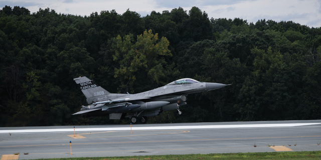 FILE PHOTO: F-16 landing before an air show in New York City.