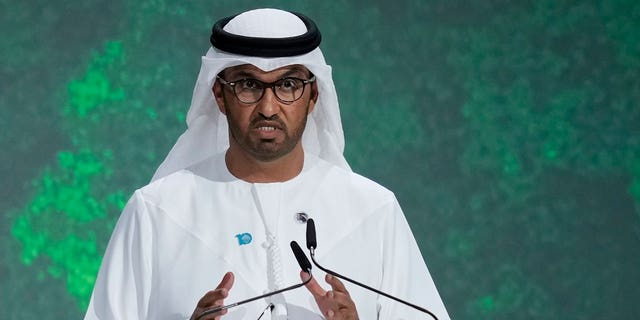 Sultan al-Jaber, the CEO of Abu Dhabi National Oil Co., talks during the World Government Summit in Dubai, United Arab Emirates, Feb 14, 2023. 