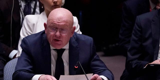 Vassily Nebenzia, a permanent representative of the Russian Federation of the United Nations, addresses the United Nations Security Council meeting on the maintenance of peace and security of Ukraine at U.N. headquarters in New York City Feb. 24, 2023. 
