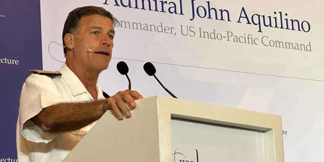 Admiral John Aquilino delivers a speech in Singapore on March 16, 2023. Aquilino said that Washington does not seek to contain China, but it would take action to support the Indo-Pacific region against bullying by authoritarian regimes. 