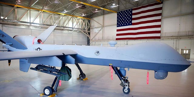 An MQ-9 Reaper remotely piloted aircraft is parked in a hanger at Creech Air Force Base on Nov. 17, 2015 in Indian Springs, Nevada.