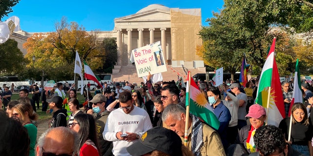 Hundreds of people attend a rally on Saturday, Oct. 22, 2022, in Washington in a show of international support for demonstrators facing a violent government crackdown in Iran, sparked by the death of 22-year-old Mahsa Amini in the custody of that country's morality police.