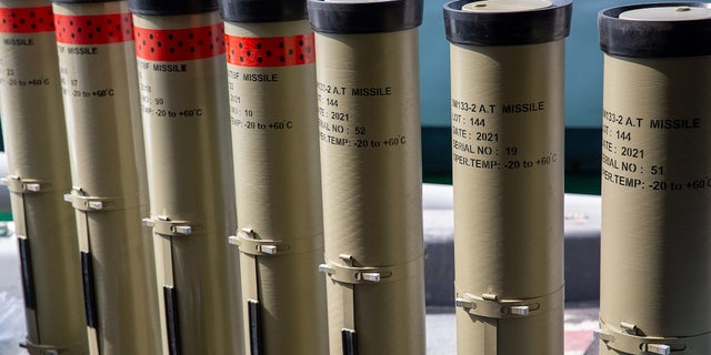Anti-tank guided missile tubes that were found by U.K. forces on the boat in the Gulf of Oman. 