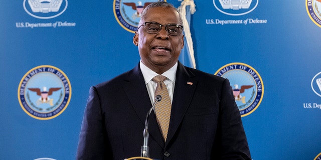 Secretary of Defense Lloyd Austin, speaks during a briefing with Chairman of the Joint Chiefs, Gen. Mark Milley at the Pentagon in Washington, Wednesday, March 15, 2023. 