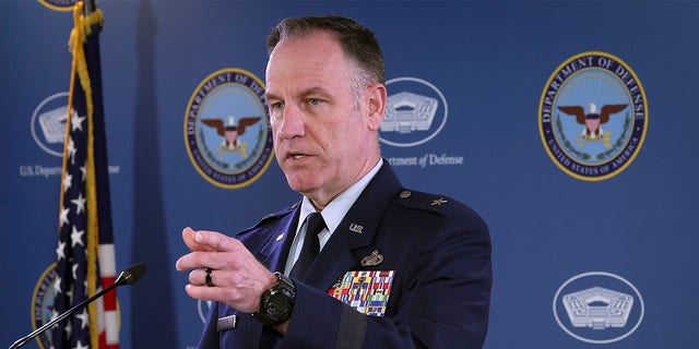 Pentagon spokesman Air Force Brig. Gen. Patrick Ryder answers questions during a briefing at the Pentagon March 16, 2023, in Arlington, Virginia.
