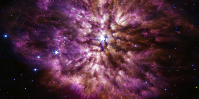 Wolf-Rayet stars are known to be efficient dust producers, and the Mid-Infrared Instrument on NASA’s James Webb Space Telescope shows this to great effect. Cooler cosmic dust glows at the longer mid-infrared wavelengths, displaying the structure of WR 124’s nebula.