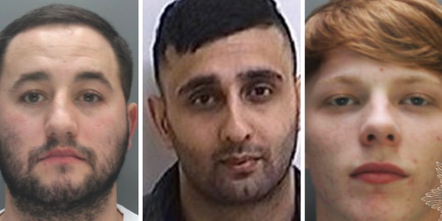 Booking photos for John McGee, Khuram Razaq, and Alex Coxon 