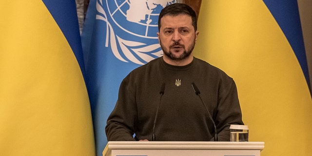 Ukrainian President Volodymyr Zelensky delivers a speech during the joint press conference with Secretary-General of the United Nations Antonio Guterres following their meeting on March 8, 2023 in Kyiv, Ukraine. 