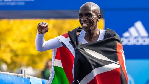 Eliud Kipchoge celebrates his world record at last year's Berlin Marathon.