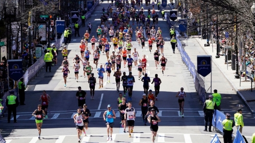 Runners approach the finish line of last year's Boston Marathon.
