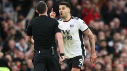 MANCHESTER, ENGLAND - MARCH 19: Aleksandar Mitrovic of Fulham receives a red card from Referee Chris Kavanagh during the Emirates FA Cup Quarter Final match between Manchester United and Fulham at Old Trafford on March 19, 2023 in Manchester, England. (Photo by Matthew Ashton - AMA/Getty Images)