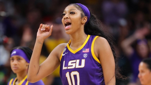 Angel Reese celebrates a play against the Iowa Hawkeyes during the 2023 NCAA women's basketball national championship game.