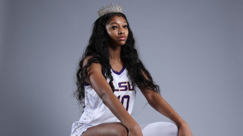 Angel Reese poses for a portrait during media day at 2023 NCAA women's basketball Final Four.