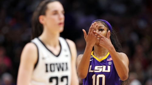 Reese makes a gesture towards Caitlin Clark of the Iowa Hawkeyes.