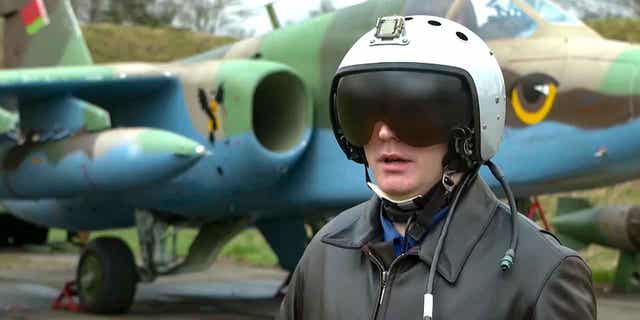 A Belarusian air force pilot speaks on April 14, 2023. The video said that Belarusian air crews have completed a training course in Russia on using nuclear weapons. 